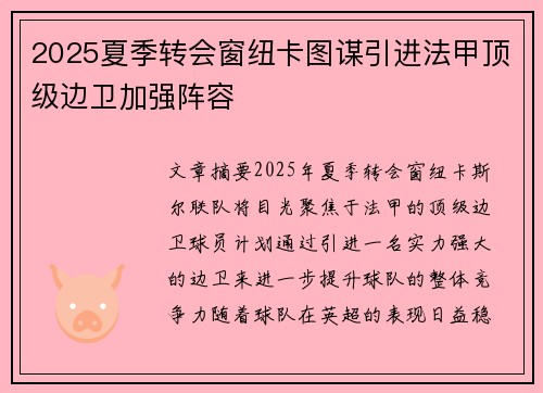 2025夏季转会窗纽卡图谋引进法甲顶级边卫加强阵容 2025夏季转会窗纽卡图谋引进法甲顶级边卫加强阵容