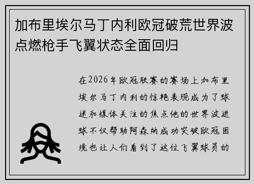 加布里埃尔马丁内利欧冠破荒世界波点燃枪手飞翼状态全面回归