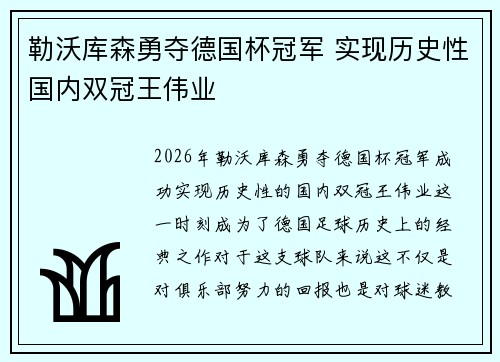 勒沃库森勇夺德国杯冠军 实现历史性国内双冠王伟业